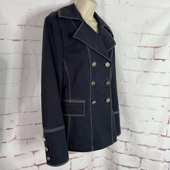 ST. JOHN Sport M Nautical Double Breasted Navy Cotton Blend Blazer Silver Button - Picture 6 of 14